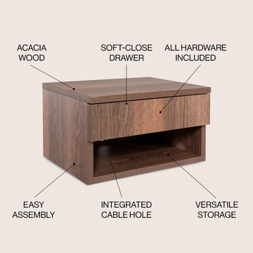 Ettore 15.71" Mid-Century Modern Floating Wall Mounted Nightstand with Soft-Close Drawer and Cable Hole - JONATHAN Y